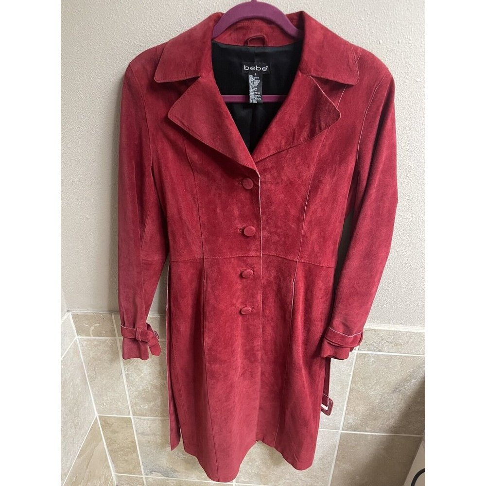 Vintage 90s Suede Bebe Leather Trench Coat Jacket red Small